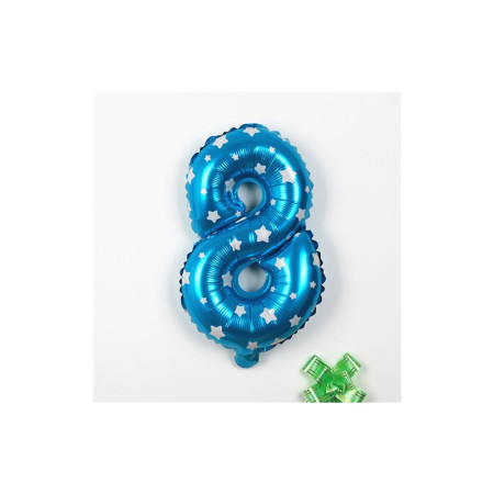 Balon din Folie Metalizata Cyrax, Figurina Cifra, Imprimeu Stele, Tema Aniversare 80 cm, Ambalaj Individual, Pai inclus, Umflare cu Aer sau Heliu, Albastru, Cifra 8