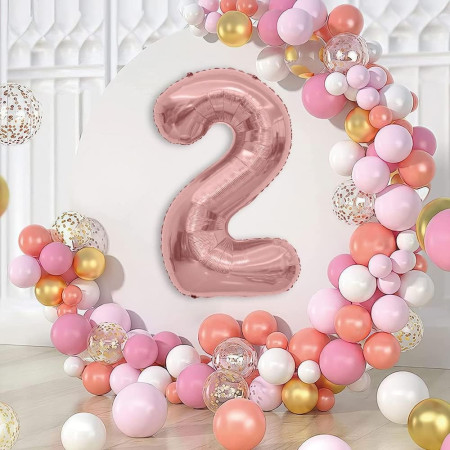 Balon din Folie Metalizata Cyrax, Figurina Cifra, Tema Aniversare 40 cm, Ambalaj Individual, Pai inclus, Umflare cu Aer sau Heliu, Rose Gold, Cifra 2