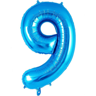 Balon din Folie Metalizata Cyrax, Figurina Cifra, Tema Aniversare 40 cm, Ambalaj Individual, Pai inclus, Umflare cu Aer sau Heliu, Albastru, Cifra 9