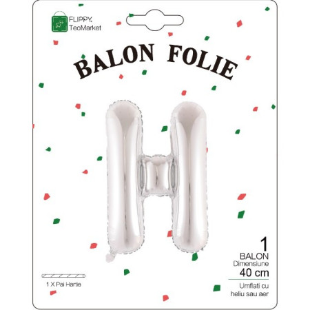 Balon Folie Metalizata Litera H, Cyrax, 40 cm, Umflati cu Heliu sau Aer, Ambalaj Individual, Pai inclus, Argintiu