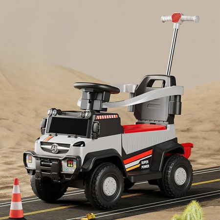 Masinuta Electrica, Cyrax, pe 4 Roti, cu Telecomanda si Maner Detasabil, Cos de Depozitare, Lumini Led si Muzica, +1 an, Greutate Portanta 40 kg, Gri