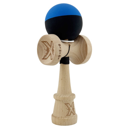 Kendama X Originala, Profesionala, Cyrax, Rubber Grip, Cupe Mari KING SIZE V3, Gaura in Baza, Rulment Metalic, din lemn 18 cm, Ata 62/65 cm, Bicolor Albastru/Negru