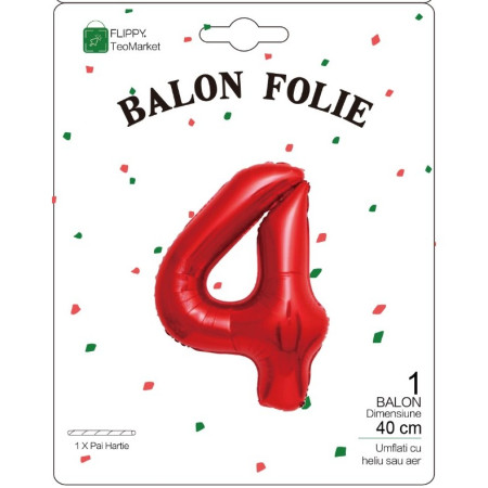 Balon din Folie Metalizata Cyrax, Figurina Cifra, Tema Aniversare 40 cm, Ambalaj Individual, Pai inclus, Umflare cu Aer sau Heliu, Rosu, Cifra 4