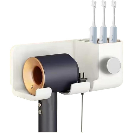 Suport de Baie,  pentru Uscator de Par, cu Organizator Dublu, din Plastic, Aplicare cu Suport Adeziv, 23 x 8.8 x 9.5 cm, Alb