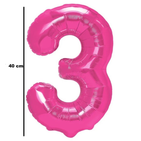 Balon din Folie Metalizata Cyrax, Figurina Cifra, Tema Aniversare 40 cm, Ambalaj Individual, Pai inclus, Umflare cu Aer sau Heliu, Roz, Cifra 3