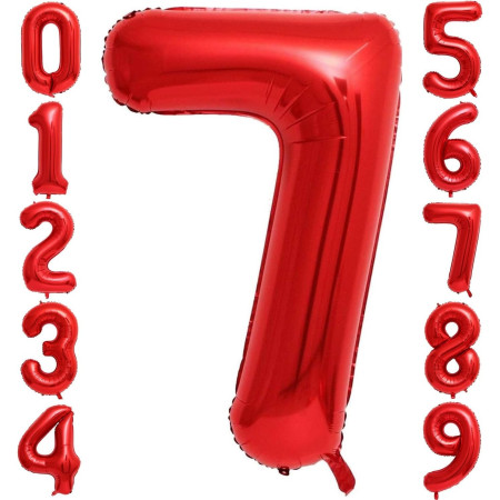 Balon din Folie Metalizata Cyrax, Figurina Cifra, Tema Aniversare 100 cm, Ambalaj Individual, Pai inclus, Umflare cu Aer sau Heliu, Rosu, Cifra 7
