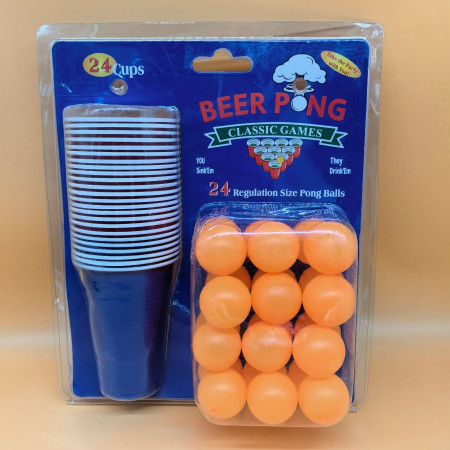Joc de Baut BEER PONG, Cyrax, Set din 24 Mingi de Tenis si 24 Pahare Reutilizabile, Joc Interactiv pentu Adulti, Albastru Portocaliu