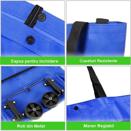 Geanta Pliabila,  2 in 1, Carucior cu Roti, pentru Cumparaturi, 19 l, Albastru, Plastic, 39 x 46 x 12 cm