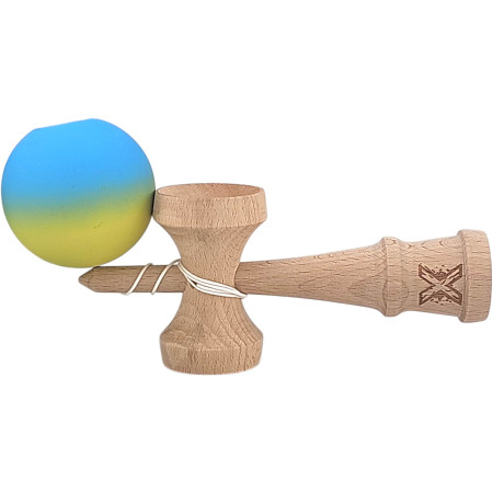 Kendama X Originala, Profesionala, Cyrax, 18 cm, Profesionala, +9 Ani, din Lemn, Gradient Galben/Albastru
