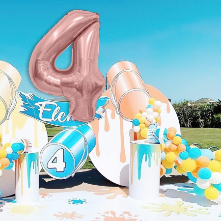 Balon din Folie Metalizata Cyrax, Figurina Cifra, Tema Aniversare 40 cm, Ambalaj Individual, Pai inclus, Umflare cu Aer sau Heliu, Rose Gold, Cifra 4