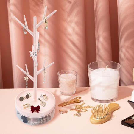 Cutie de Bijuterii,  Rotativa, cu Suport Tip Ramura, 36.5 x 14 cm, din ABS+PP, Roz