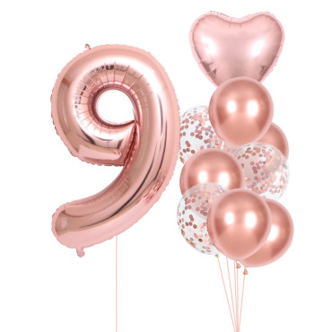 Set 10 Baloane Folie si Latex, Cyrax, Tematica Aniversare, Baloane Latex 25cm, Figurina Inimioara 45 cm, Cifra 9 de 81 cm, Ambalaj Individual, Pai Inclus, Umflare cu Aer sau Heliu, Roz Pal