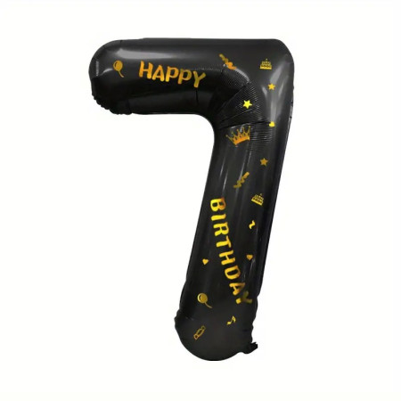 Balon din Folie Metalizata Cyrax, Figurina Cifra si Coroana, Scris Happy Birthday, Tema Aniversare 100 cm, Ambalaj Individual, Pai inclus, Umflare cu Aer sau Heliu, Negru, Cifra 7