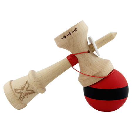 Kendama X Originala, Profesionala, Cyrax, Cupe Mari KING SIZE V3, Rubber Grip, Gaura in Baza, Rulment Metalic, din lemn 18 cm, Ata 62/65 cm, M Bicolor Rosu Dublu/Negru