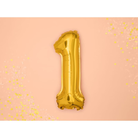 Balon din Folie Metalizata Cyrax, Figurina Cifra, Tema Aniversare 100 cm, Ambalaj Individual, Pai inclus, Umflare cu Aer sau Heliu, Auriu, Cifra 1
