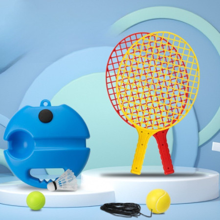 Set Badminton pentru Copii, Cyrax, Doua Palete, Fluturas, 2 Mingi, Minge cu Elastic pentru Antrenament, Suport de Prindere Stabil, 40.5x23 cm, Rosu Galben