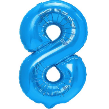 Balon din Folie Metalizata Cyrax, Figurina Cifra, Tema Aniversare 40 cm, Ambalaj Individual, Pai inclus, Umflare cu Aer sau Heliu, Albastru, Cifra 8