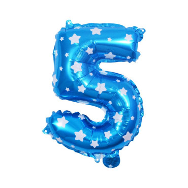 Balon din Folie Metalizata Cyrax, Figurina Cifra, Imprimeu Stele, Tema Aniversare 80 cm, Ambalaj Individual, Pai inclus, Umflare cu Aer sau Heliu, Albastru, Cifra 5