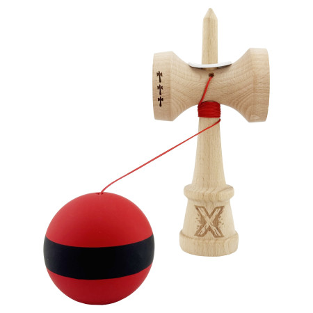 Kendama X Originala, Profesionala, Cyrax, Cupe Mari KING SIZE V3, Rubber Grip, Gaura in Baza, Rulment Metalic, din lemn 18 cm, Ata 62/65 cm, M Bicolor Rosu Dublu/Negru