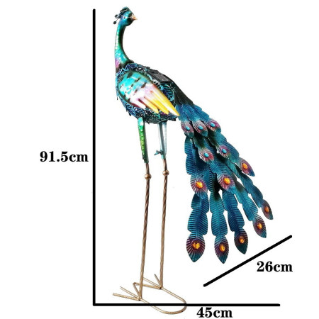 Decoratiune de Gradina cu Lampa solara,  Model Paun, Iluminare Led si Incarcare Solara, 91.5 x 45 x 26 cm, din Fier, Albastru azur