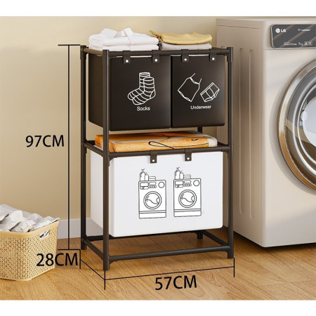 Cos de Rufe,  cu 2 Etaje,  3 Cosuri, Cadru de Otel Inoxidabil, 97x28x57 cm, Negru