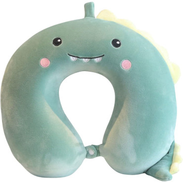 Perna de Calatorie in Forma de U,  Pentru Gat si Cap, Umplutura din Spuma cu Memorie, 30x30 cm, Model Dinozaur, Accesoriu de Voiaj, Birou, Masina, Sistem Prindere Capse, Verde