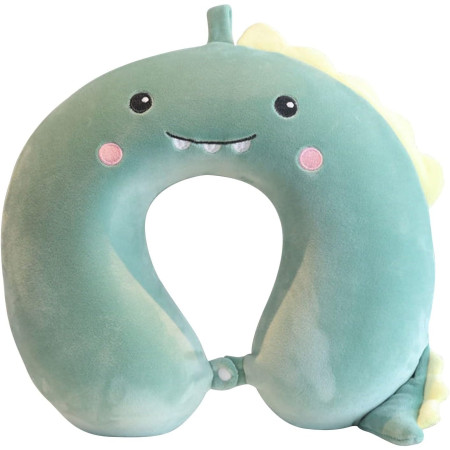 Perna de Calatorie in Forma de U,  Pentru Gat si Cap, Umplutura din Spuma cu Memorie, 30x30 cm, Model Dinozaur, Accesoriu de Voiaj, Birou, Masina, Sistem Prindere Capse, Verde