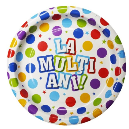 Set 10 Farfurii Unica Folosinta, Cyrax, Imprimeu La Multi Ani, din Carton, Diametru 17 cm, Multicolor
