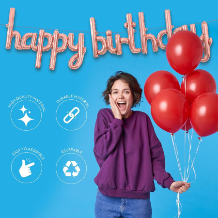 Set Baloane din Folie Metalizata, Cyrax, Model Happy Birthday, 45x85 cm, 45x124cm, Baloane Party, Ambalaj Individual, Pai Inclus, Umflare cu Aer sau Heliu, Roz Pal