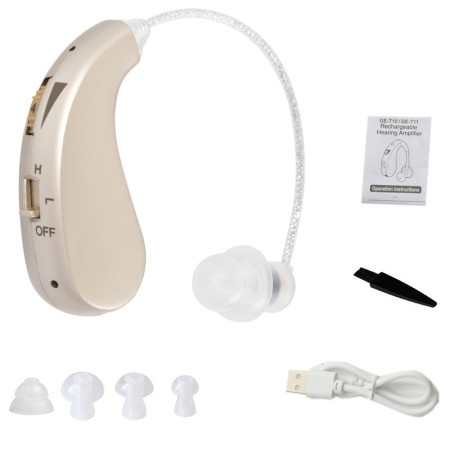 Aparat auditiv retroauricular BTE Reincarcabil, Cyrax, Set 2 bucati Stinga Dreapta, Standard European, Aparat auditiv Cu incarcator, Aparat pentru Auz, 12 x 8.5 x 4 cm, 89 g,  Auriu