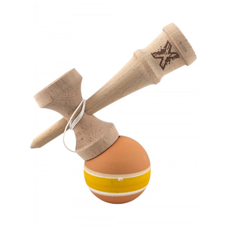 Kendama X Originala, Profesionala, Cyrax, din Lemn cu Bila cu Invelis din Cauciuc, 18 x 6 x 7 cm, Rubber Grip, Portocaliu/Galben/Alb