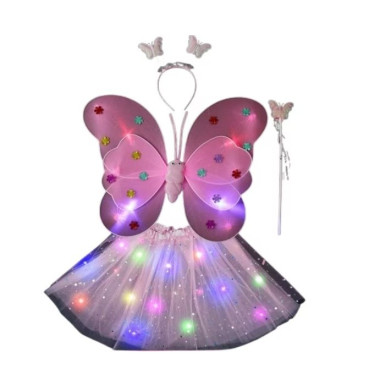 Costum Fluturas cu Aripi Modelabile Luminoase pentru Copii, Cyrax, Fusta din Tul cu Lumini, Bagheta si Bentita, 4 piese, Pentru Halloween, Roleplay, Craciun, Carnaval, Paste, Ziua Copilului, Bumbac/Poliester, Marime universala, Roz