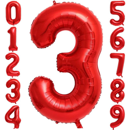 Balon din Folie Metalizata Cyrax, Figurina Cifra, Tema Aniversare 40 cm, Ambalaj Individual, Pai inclus, Umflare cu Aer sau Heliu, Rosu, Cifra 3