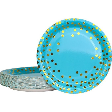 Set 10 Farfurii Unica Folosinta, Cyrax, Imprimeu cu Buline, din Carton, Diametru 18 cm, Albastru/Auriu