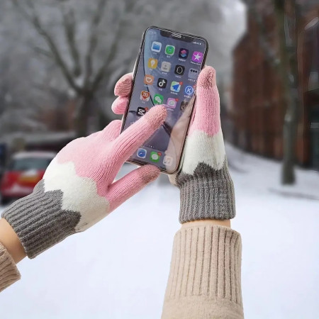 Manusi de Dama,  Model Ondulat, Functie Touchscreen (ecran tactil), Material Acril Tricotat, Manseta Elastica, Interior Catifelat, Marime Universala, Roz/Gri