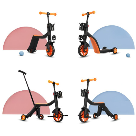 Bicicleta 8 in 1, Cyrax, Transformabila, Multifunctionala, Reglare Inaltime, cu Maner de Impingere Detasabil, Tricicleta, Trotineta, 3 Roti, Pedale, Cosulet, 3-6 Ani, Portocaliu