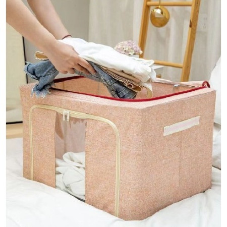 Cutie de Depozitare Pliabila,  100 L, din Bumbac si In, 60x42x40 cm, Fereastra Frontala, 2 Usi de Acces cu Fermoar Bidirectional, Cadru Metalic, Suport Baza Stabil din Plastic, Roz Pudrat
