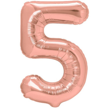 Balon din Folie Metalizata Cyrax, Figurina Cifra, Tema Aniversare 40 cm, Ambalaj Individual, Pai inclus, Umflare cu Aer sau Heliu, Rose Gold, Cifra 5