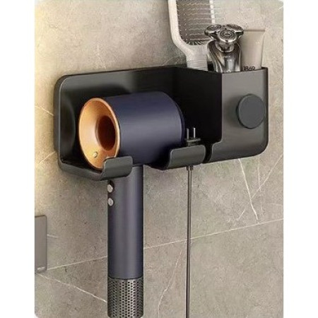 Suport de Baie,  pentru Uscator de Par, cu Organizator Dublu, din Plastic, Aplicare cu Suport Adeziv, 23 x 8.8 x 9.5 cm, Negru