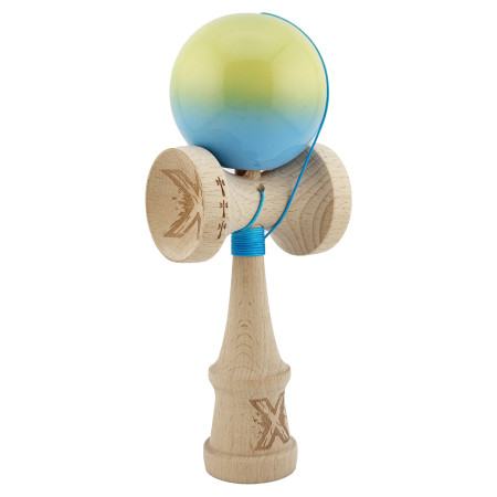 Kendama X Originala, Profesionala, Cyrax, Big Cups V2, Super Sticky cu Cupe Mari, din lemn 18 cm, Rulment Metalic cu Ata 55 cm, Galben/Albastru