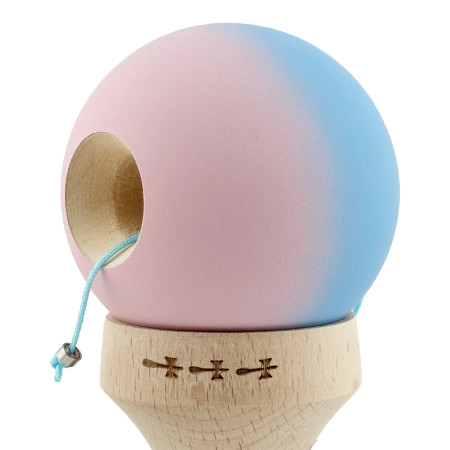 Kendama X Originala, Profesionala, Cyrax, Rubber Grip, Cupe Mari KING SIZE V3, Gaura in Baza, Rulment Metalic, din lemn 18 cm, Ata 62/65 cm, Gradient Albastru/Roz