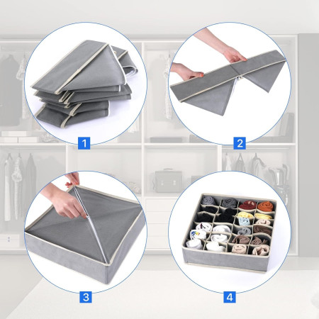 Cutie De Depozitare,  Pentru Lenjerie, Sosete Si Sutiene, Material Textil, 6 Compartimente, 32 x 16 x 10 cm, Culoare Gri