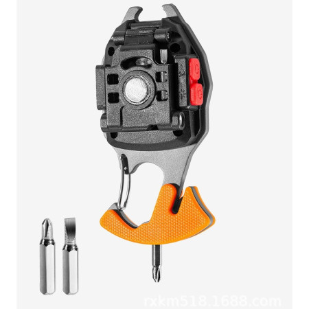 Breloc Multifunctional,  Model W5147, Kit Supravietuire, Lanterna, Bricheta, Fluier, din ABS/Aluminiu, Alimentare USB, Negru/Portocaliu