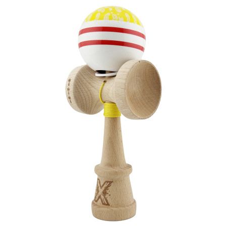 Kendama X Originala CHICANOS, Profesionala, Cyrax, Cupe Mari KING SIZE V3, Super Sticky, Gaura in Baza, Rulment Metalic, din lemn 18 cm, Ata 55 cm, Galben/Alb
