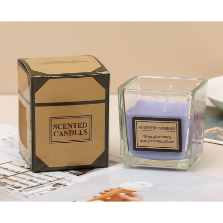 Lumanare Parfumata,  Model Pahar Transparent, cu Ulei Esential, 4.8 x 5.4 x 5.5 cm, Aroma de Lavanda, Mov