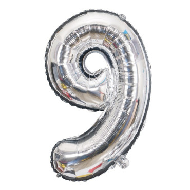 Balon din Folie Cyrax, Cifra 9, 81 cm, Pentru Aer sau Heliu, Bulk, Argintiu
