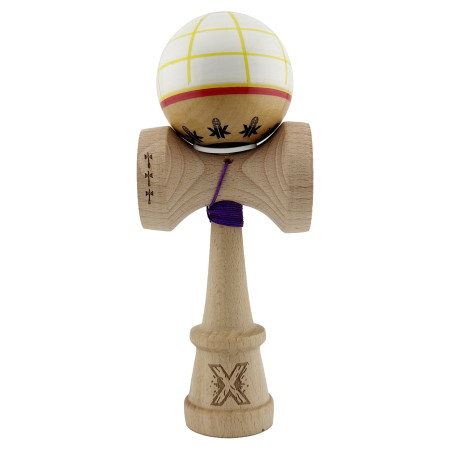 Kendama X Originala, Profesionala, Cyrax, Legendary Glob, Cupe Mari KING SIZE V3, Super Sticky, Gaura in Baza, Rulment Metalic, din lemn 18 cm, Ata 55 cm, Alb/Galben/Rosu