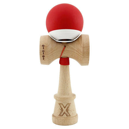 Kendama X Originala, Profesionala, Cyrax, Rubber Grip, Cupe Mari KING SIZE V3, Gaura in Baza, Rulment Metalic, din lemn 18 cm, Ata 62/65 cm, Bicolor Rosu/Alb