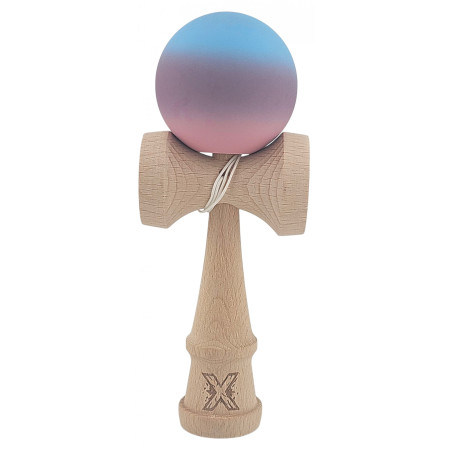 Kendama X Originala, Profesionala, Cyrax, din Lemn, Rubber Grip, 18 cm, Roz/Mov/Albastru