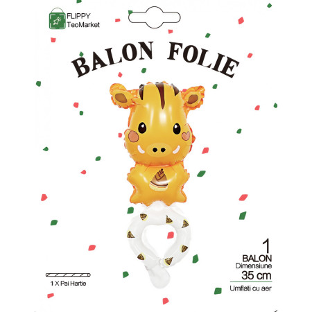 Balon din Folie Metalizata, Cyrax, Figurine Animalute, Tip Bratara, Model Girafa, 13 x 35 cm, Ambalaj Individual, Pai Inclus, Umflare cu Aer sau Heliu, Maro